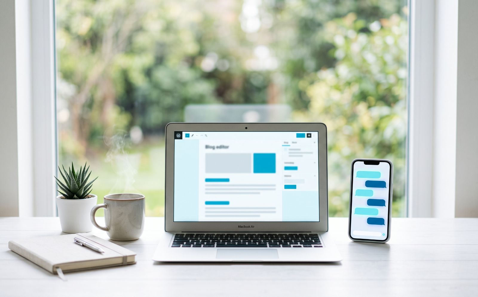 A laptop with a blog editor open next to a phone showing a chat with an AI assistant